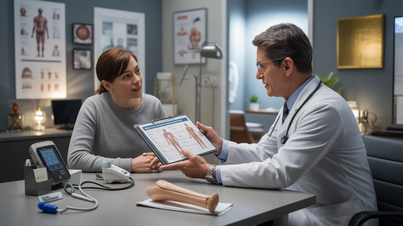 Family doctor consulting an adult patient about managing chronic conditions such as hypertension, diabetes, and high cholesterol