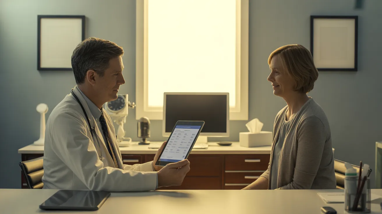 Family doctor reviewing mental health screening questionnaire with patient in family medicine clinic