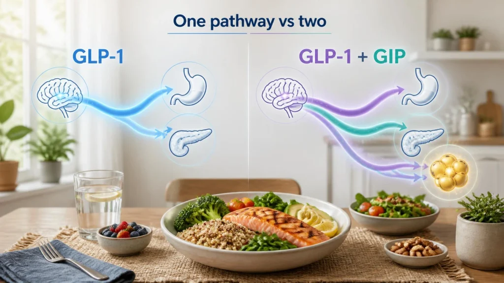 Comparison of single GLP-1 and dual GLP-1 + GIP receptor agonist pathways in the body.