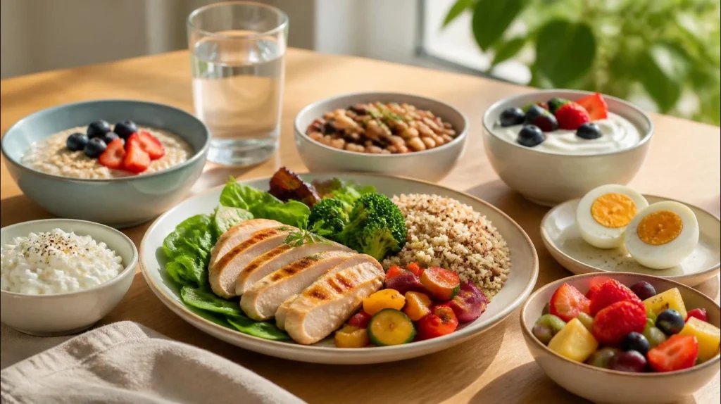 Healthy, high-protein meal spread with chicken, quinoa, vegetables, oats, eggs, and fruit.