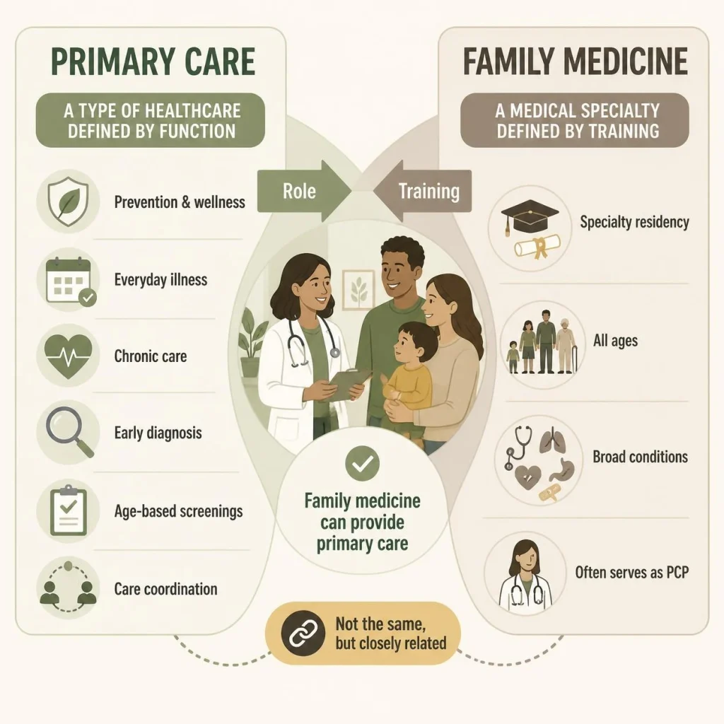 Infographic showing difference between primary care and family medicine.