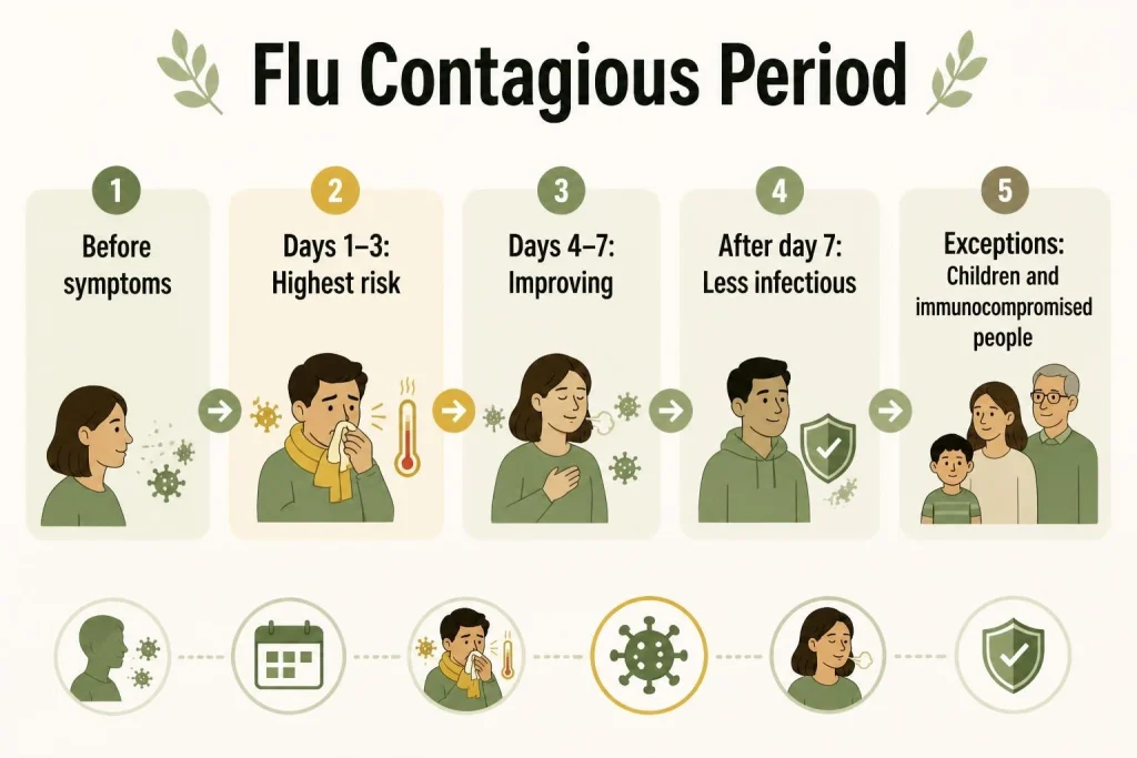 Infographic showing flu contagious period timeline