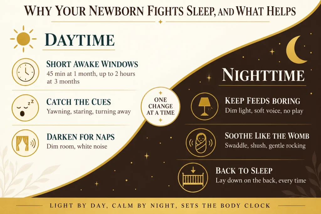 Infographic showing what to do when newborn fights sleep 