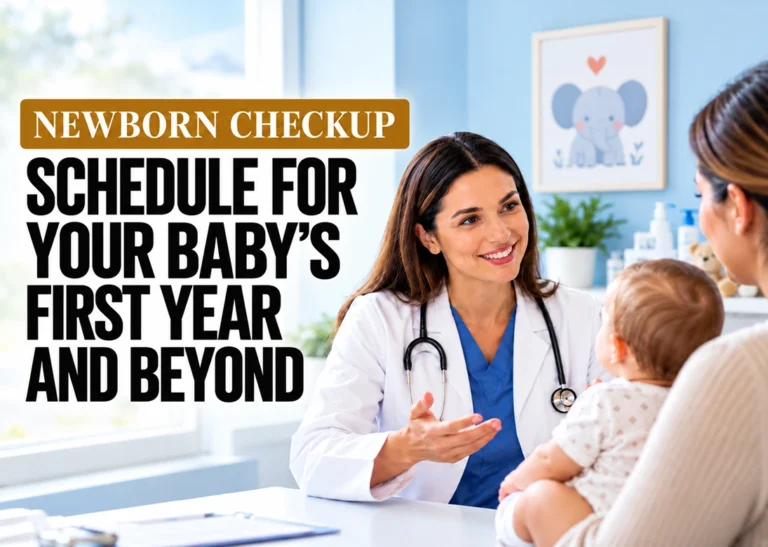 Pediatrician discussing the newborn checkup schedule with a mother holding a baby