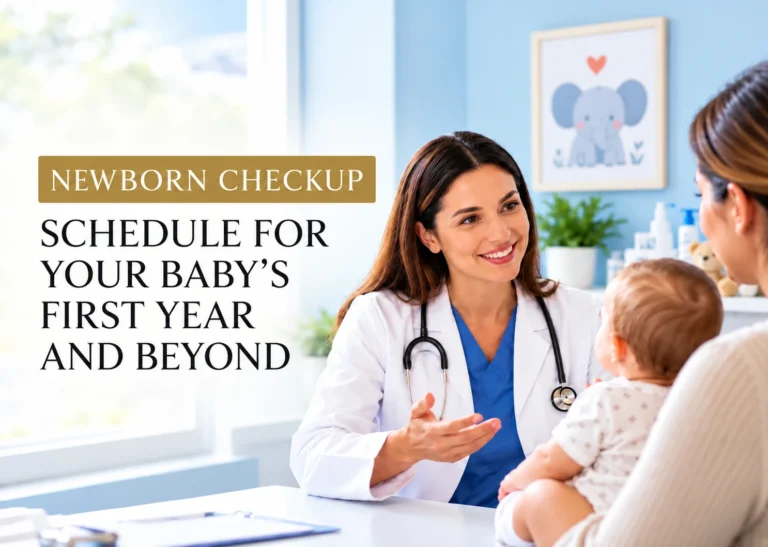 Pediatrician discussing the newborn checkup schedule with a mother holding a baby