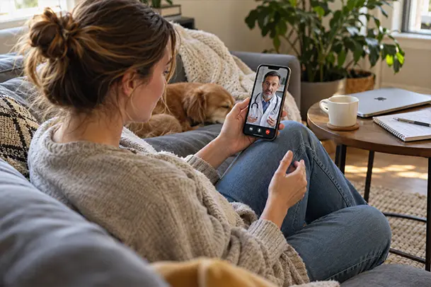 Telemedicine consultation on a smartphone in Pantego, TX, showing a woman video chatting with a healthcare provider from home.