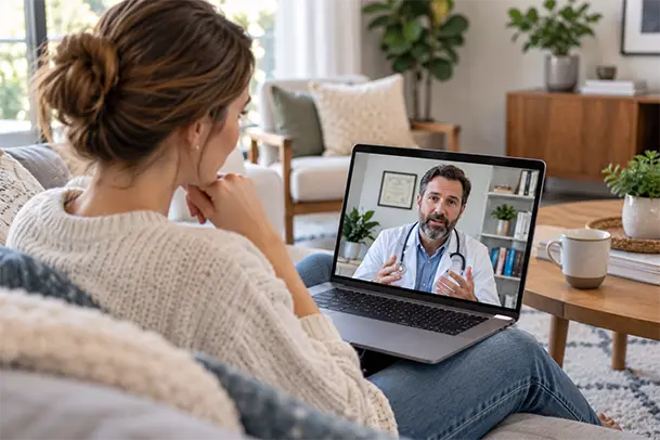 Patient participating in a virtual primary care physician visit on a laptop in Bedford, Texas.