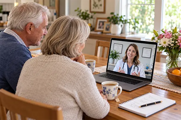 Senior couple having a virtual doctor consultation on a laptop at home in Dalworthington Gardens, TX.