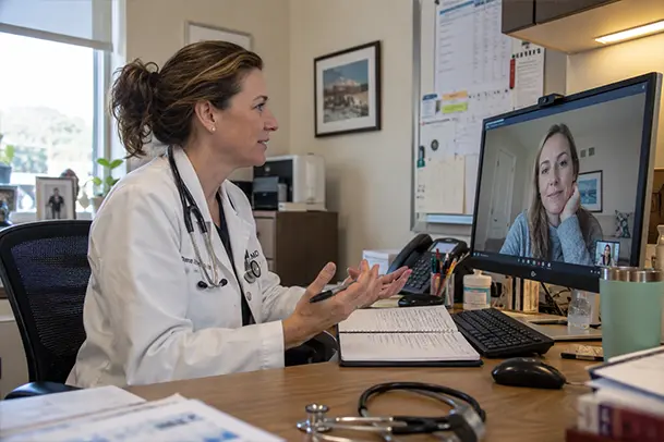 Female doctor conducting a telehealth consultation with a patient from Euless, TX