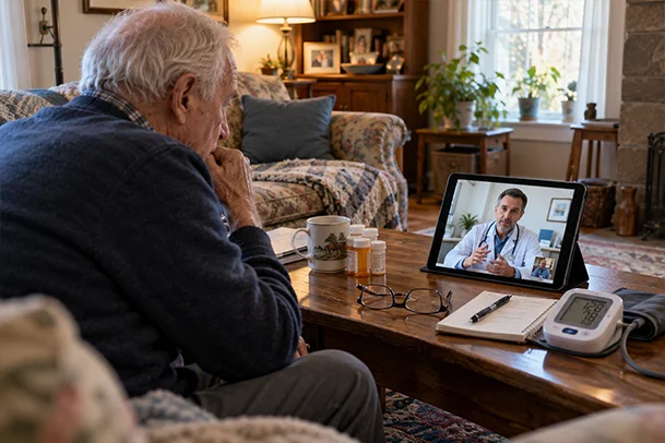 Senior man participating in a virtual doctor consultation on a tablet from home for telemedicine services in Grand Prairie, TX.