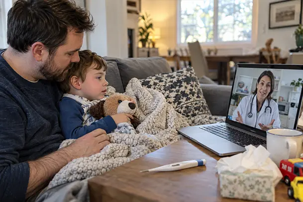 Father and sick child having an online doctor consultation via laptop in Hurst, TX