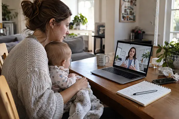 Woman holding a baby while attending a telemedicine appointment on her laptop in Mansfield, TX.